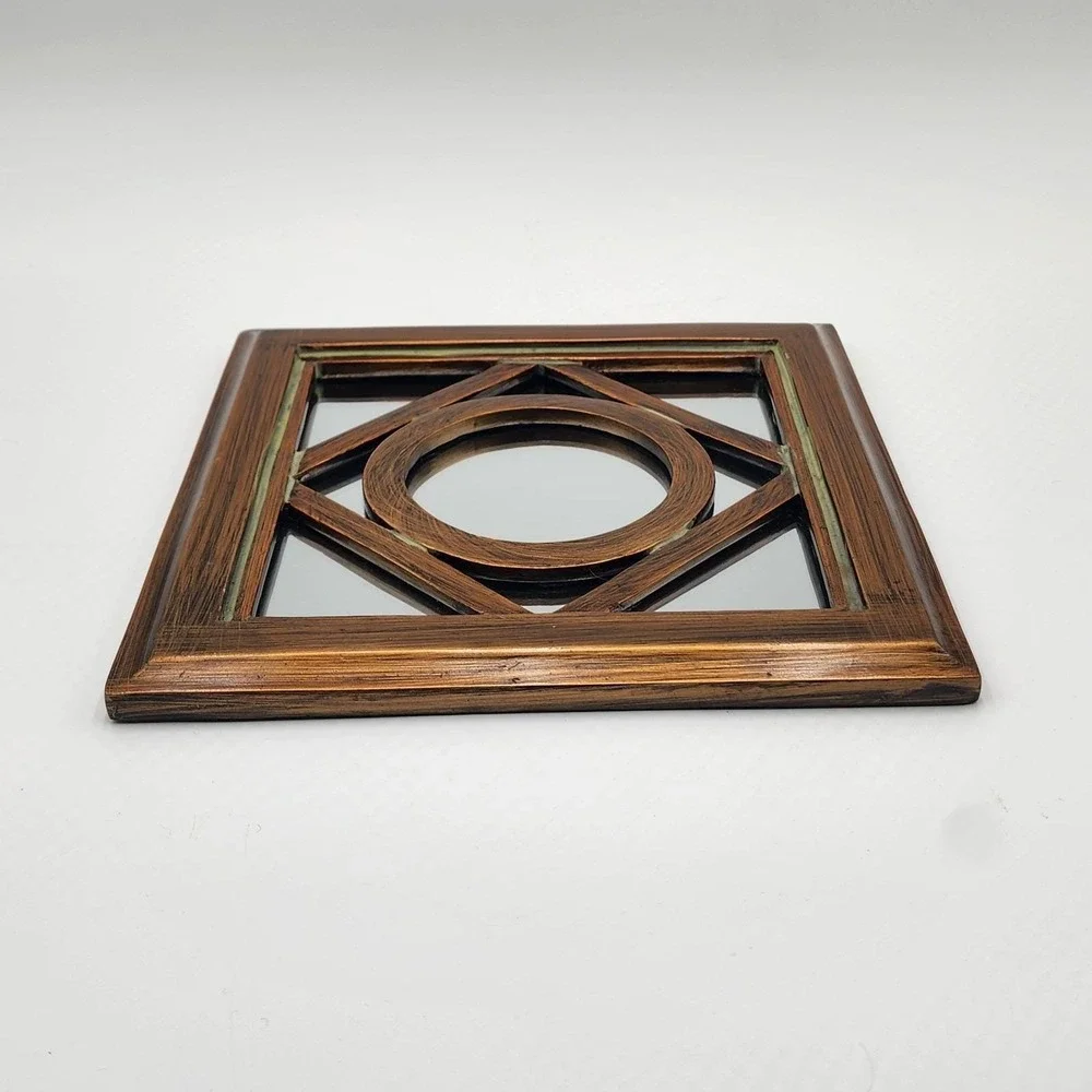 Vintage 70s Brass Tone Wall Mirror Geometric Layered Modernist Accent Decor 10